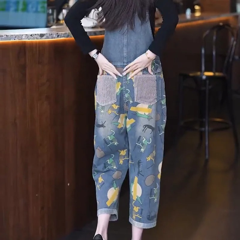 Women’s Cartoon Print Vintage Jumpsuit – Striped Patchwork Multi-Pocket Overalls - Image 2