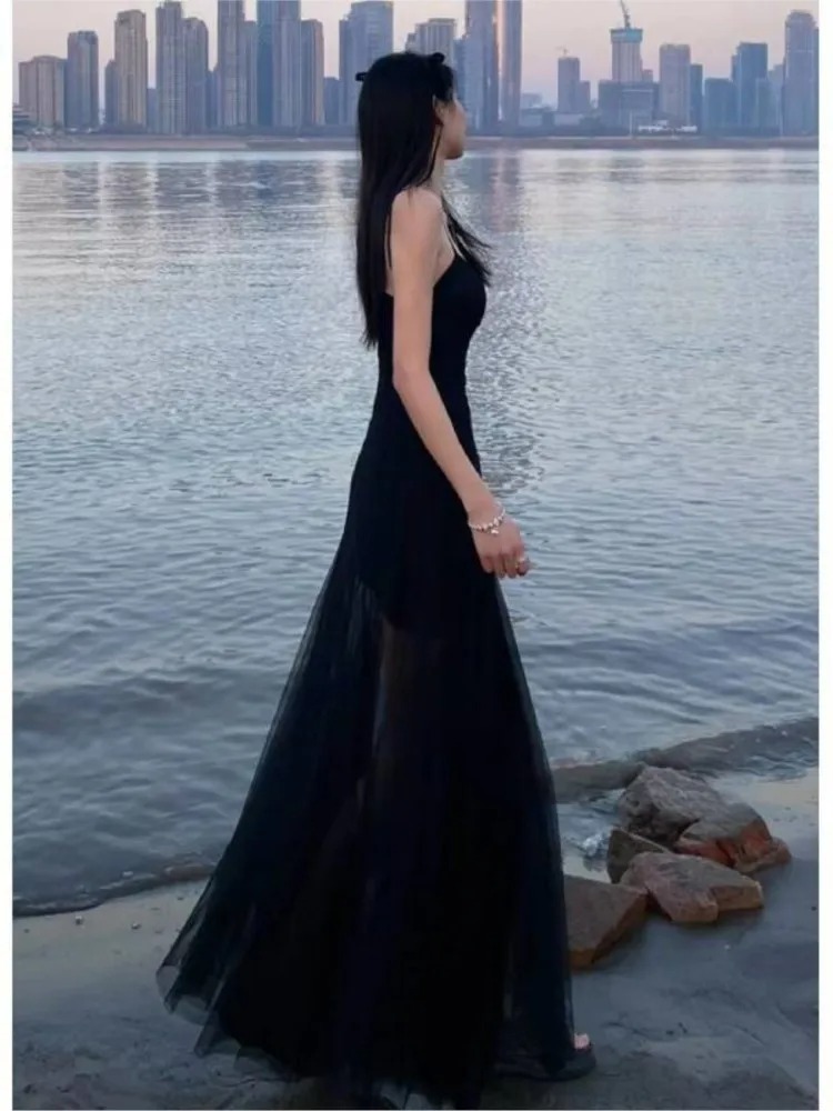 French Style Vintage Evening Dress for Women – Spaghetti Strap Mesh Patchwork V-Neck Split Black Slim Party Dress - Image 4