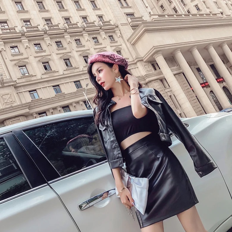 2 Pieces Women Leather Set Sexy Slim Jacket Skirt Long Sleeve Button Coat High Waist Streetwear Outfit - Image 2