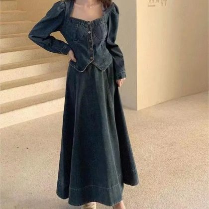 Denim Fashion Two Piece Set Long Sleeve Top Long Skirt Elegant Outfit