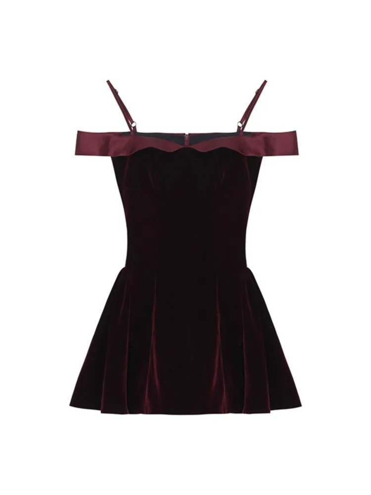French Style 2024 Hepburn Mini Dress | Vintage Velvet Suspender Off-Shoulder Slim Elegant Party Dress - Image 6