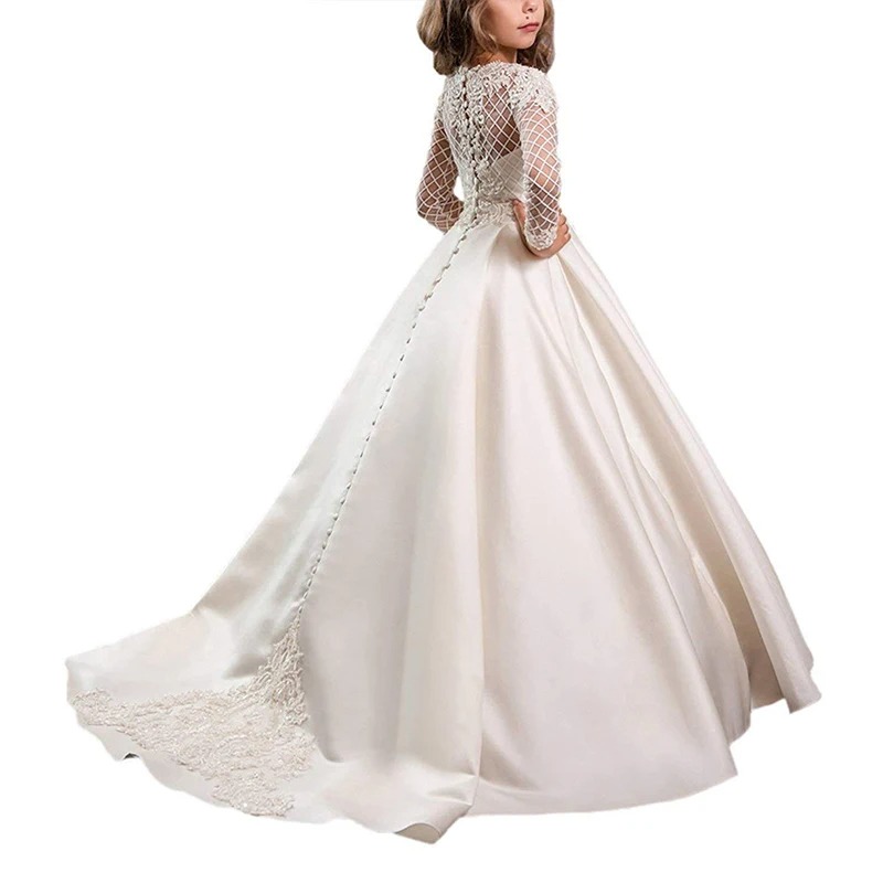 Long Sleeve Children Wedding Dress | Satin Lace Princess First Holy Communion Party Dress for Girls 3–12 Years - Image 3