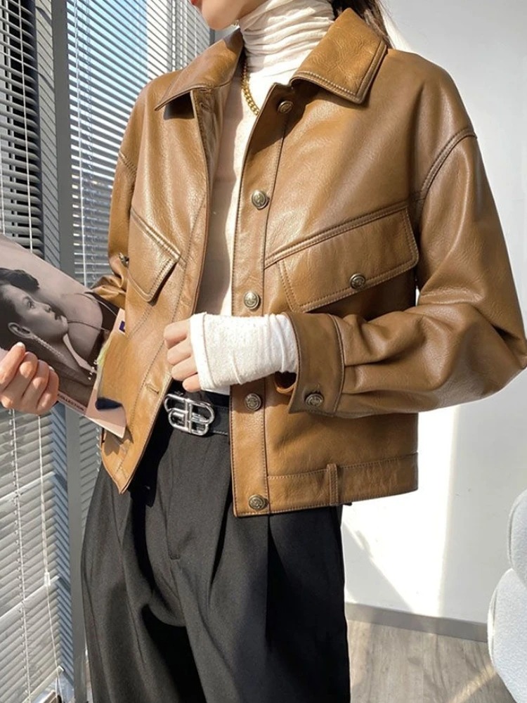 Vintage Casual PU Leather Jackets Women Turn-down Collar Cropped Loose Winter Sheepskin Coats Women 2023 Spring Thicken Outwear - Image 5