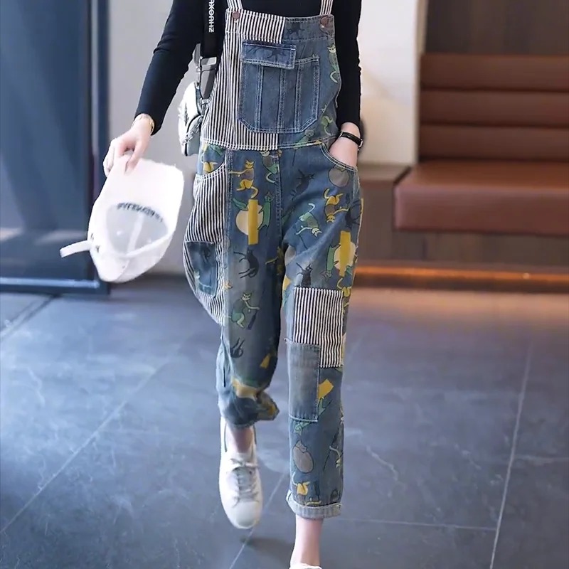 Women’s Cartoon Print Vintage Jumpsuit – Striped Patchwork Multi-Pocket Overalls - Image 3