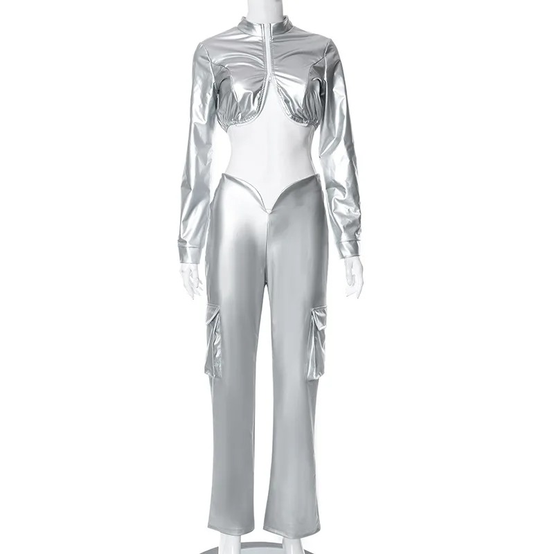 Y2K Women Two Piece Shiny Silver PU Leather Zipper Cropped Jacket Straight Pants Set - Image 4