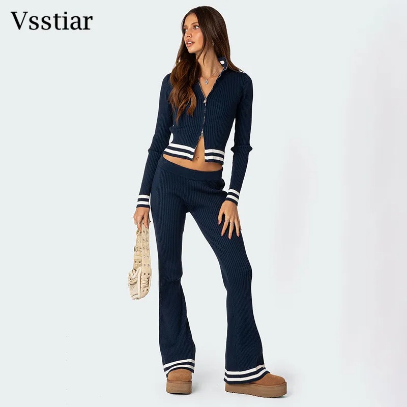 Women Knitted Two Piece Set Striped Crop Top Flare Pants Winter Outfit - Image 4