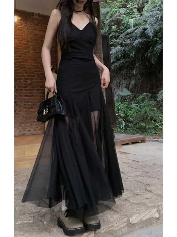 French Style Vintage Evening Dress for Women – Spaghetti Strap Mesh Patchwork V-Neck Split Black Slim Party Dress - Image 5