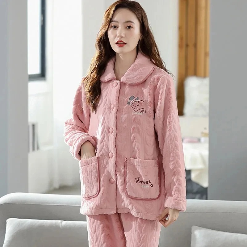 Women Coral Fleece Pajama Set Warm Flannel Cardigan Two Piece - Image 3