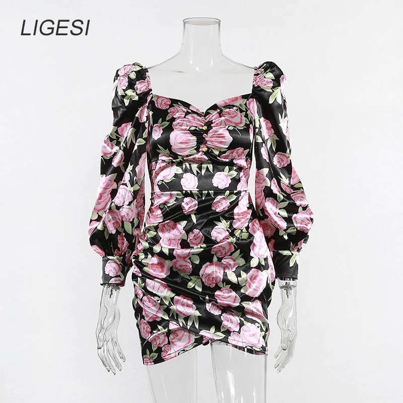 Floral Vintage Off Shoulder Bodycon Dress Puff Sleeve Party Mini - Image 4