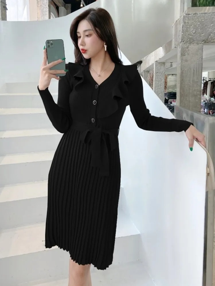 Anteef Women’s Long Sleeve Knitted Pleated Midi Dress – Vintage Elegant Sweater Dress - Image 7