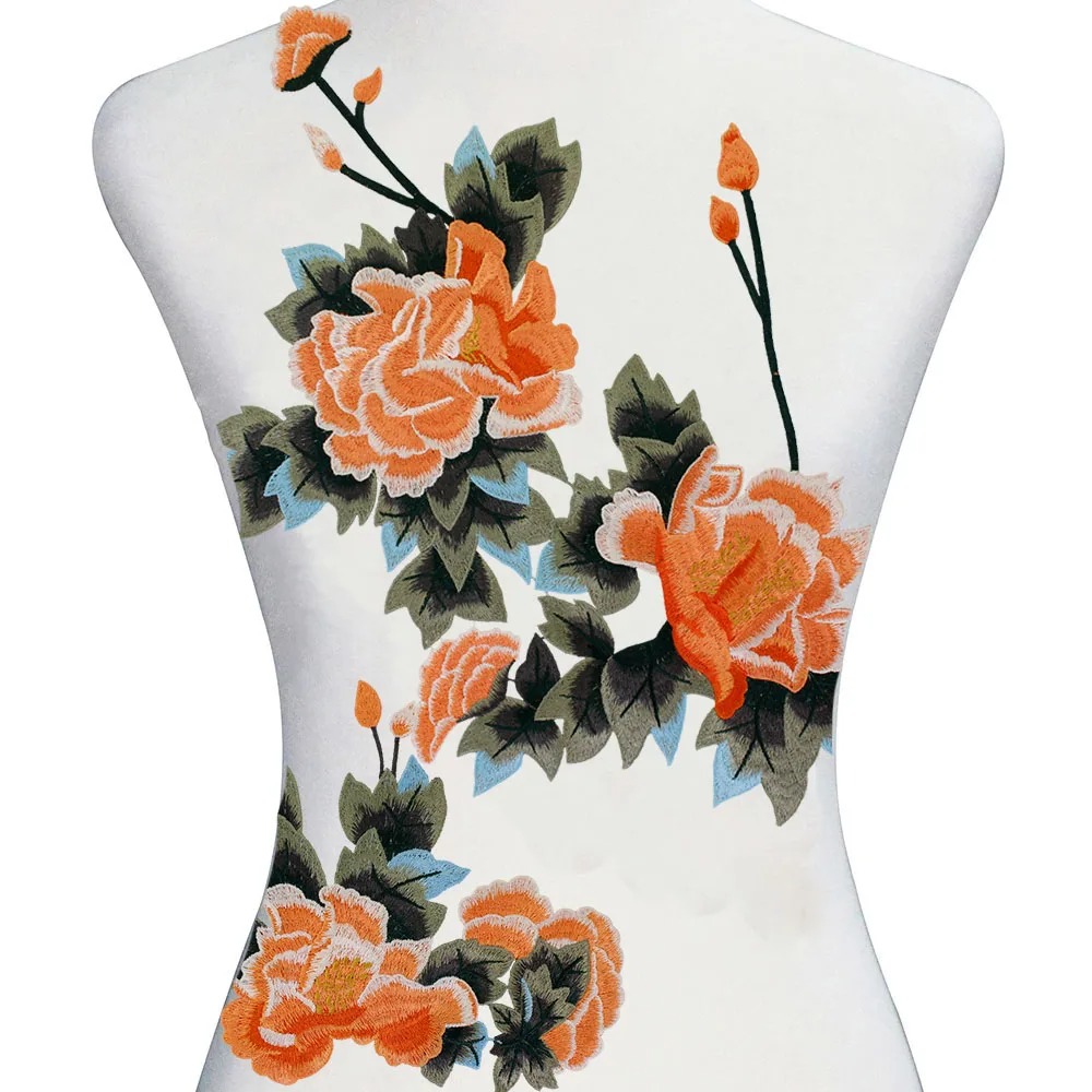 Peony Flower Embroidery Patch Orange Floral Applique Sewing DIY - Image 3