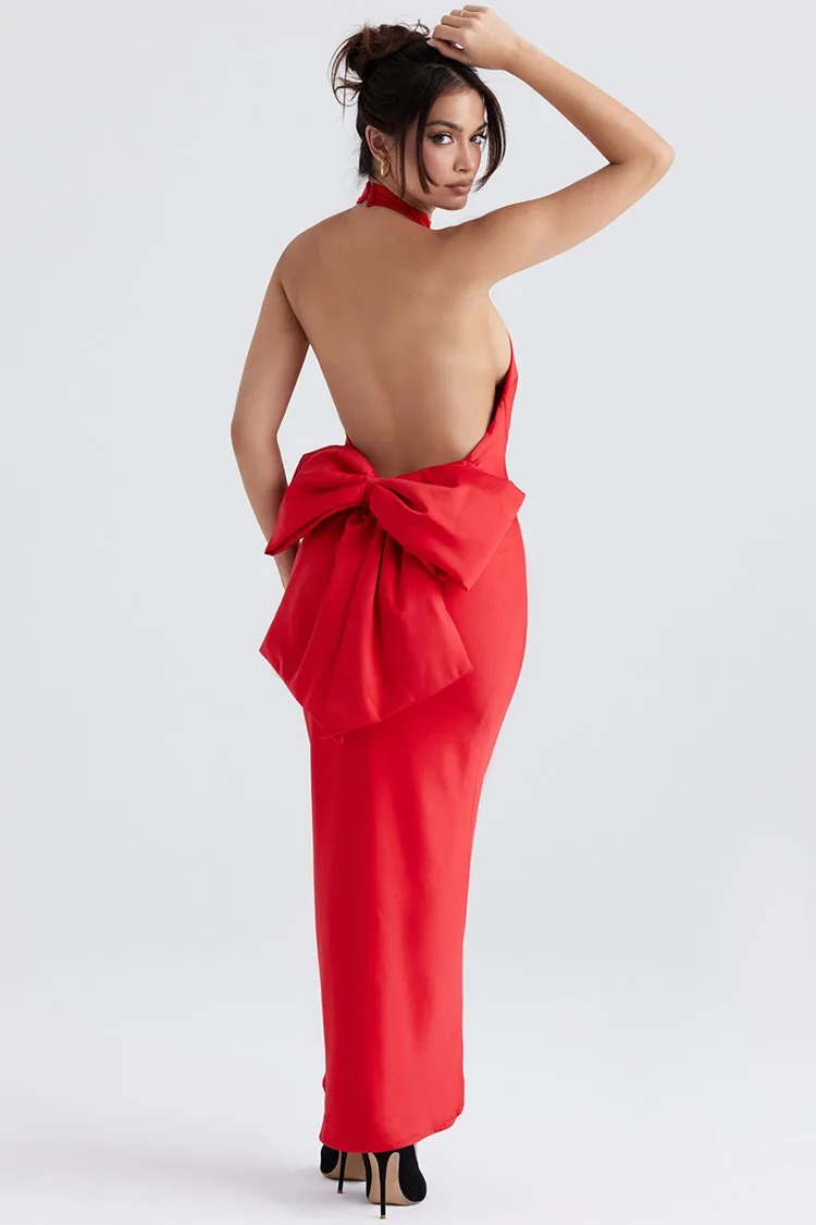 Red Butterfly Backless Dress Women Halter Neck Sleeveless Slim Dress - Image 2
