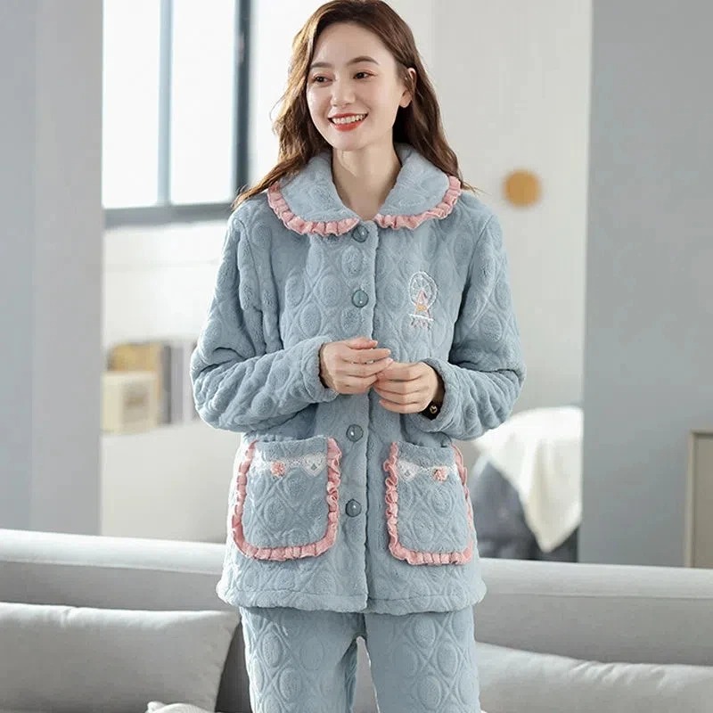 Women Coral Fleece Pajama Set Warm Flannel Cardigan Two Piece - Image 2