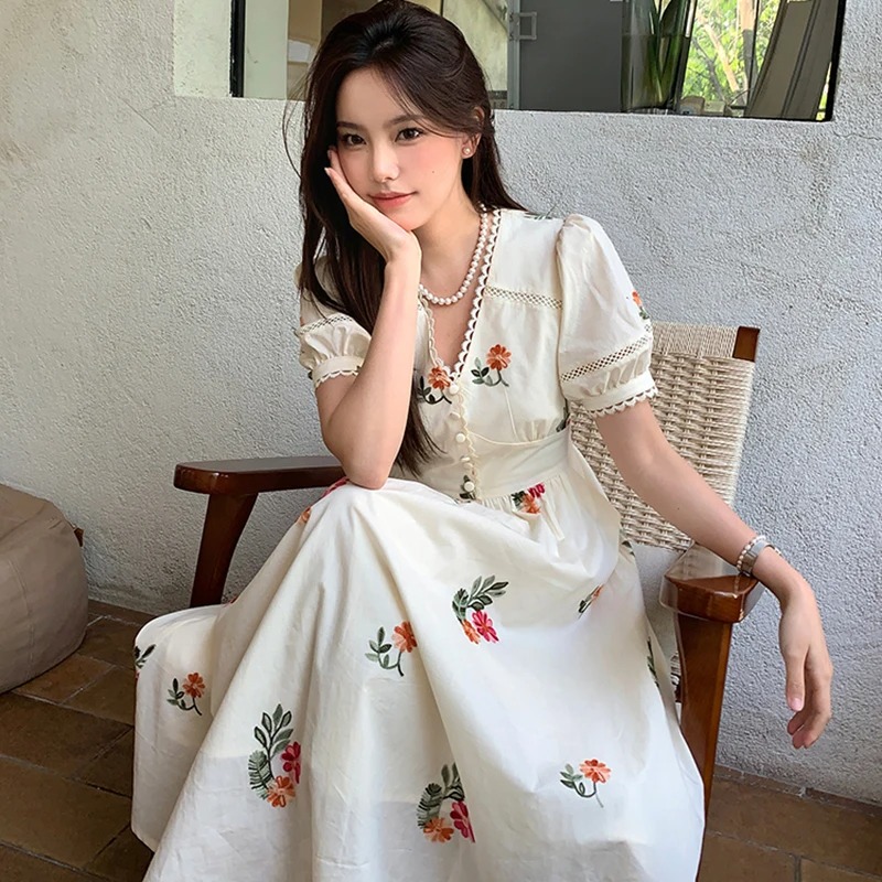 Women Summer Floral Embroidery Dress Lace Patchwork V-Neck Puff Sleeve Elegant Midi Party Dress - Image 2