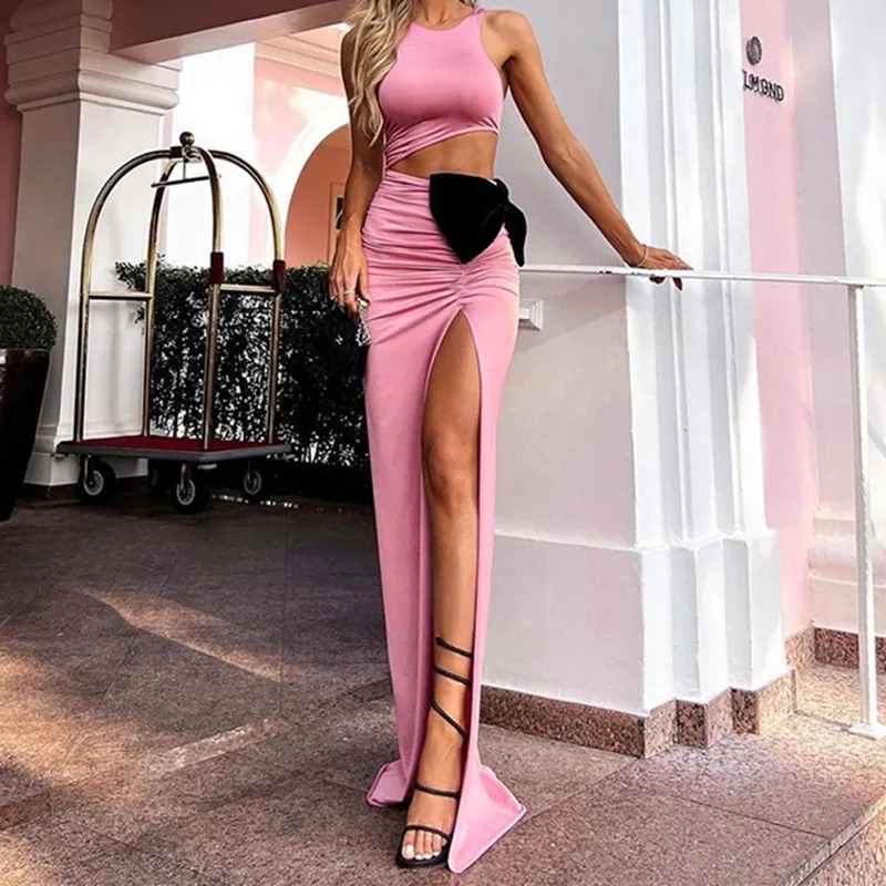 OMSJ Hot Pink Two Piece Set Women Sleeveless Crop Top High Waist Split Maxi Skirt - Image 2