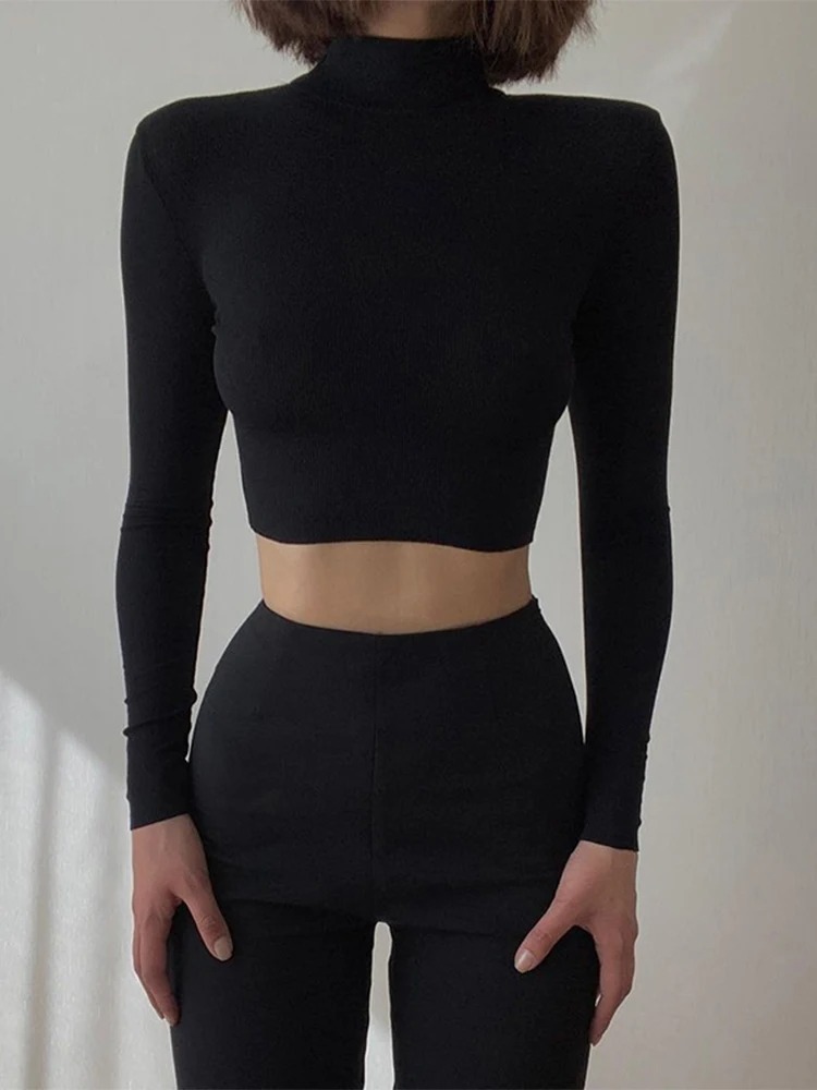 Women’s Nude Turtleneck Long Sleeve Crop Top – Solid Slim Fit Basic Tee for Autumn Casual Fashion - Image 5