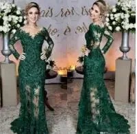Emerald Green Evening Gown | Sheer Jewel Neck Lace Applique Long Sleeve Mermaid Prom Dress - Image 2