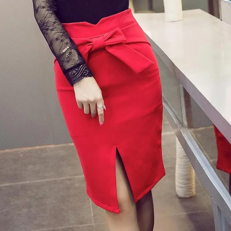 Korean Bow Pencil Skirt Women High Waist Slit Office Bodycon Skirt - Image 2