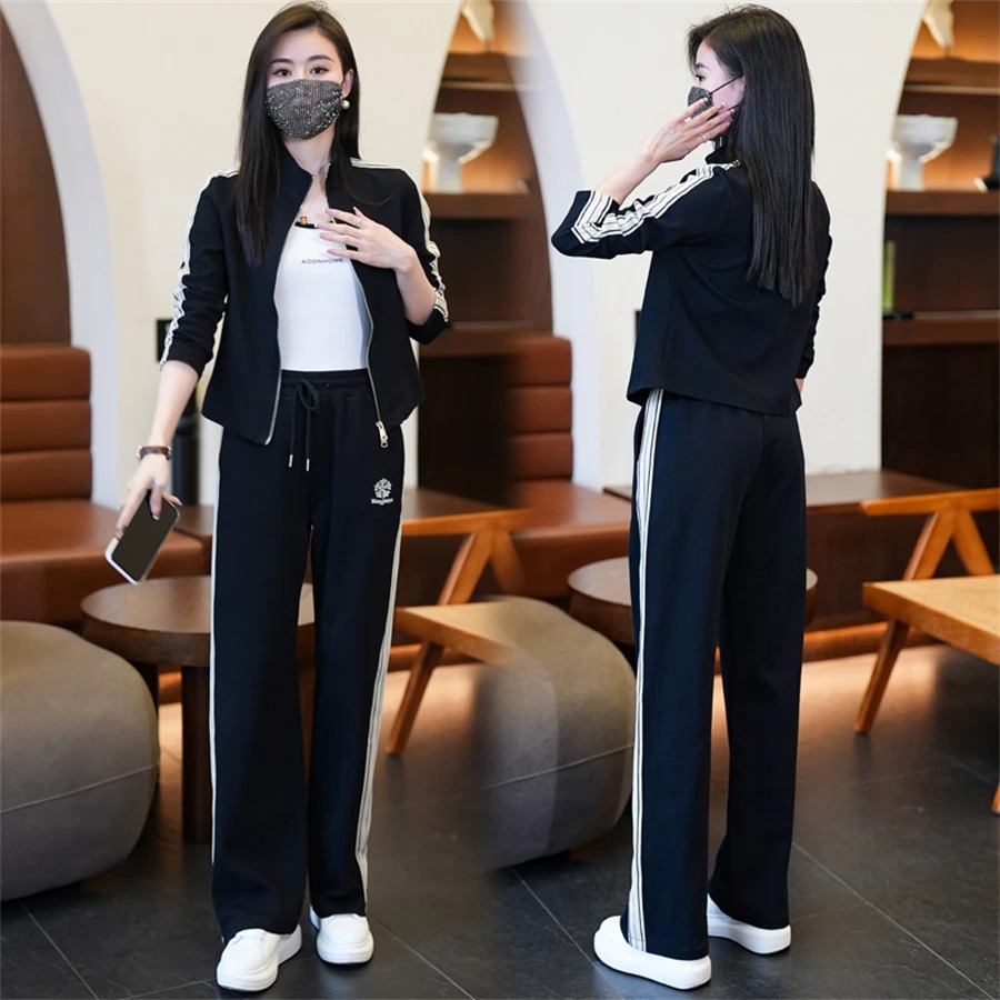 Korean Style Women Jogging Tracksuit Two Piece Wide Leg Set - Image 3