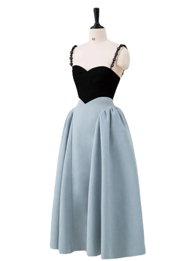 2023 Summer Women’s A-Line Dress | Beaded Strap Slim Contrast Color Mid-Calf Elegant OL Dress - Image 4