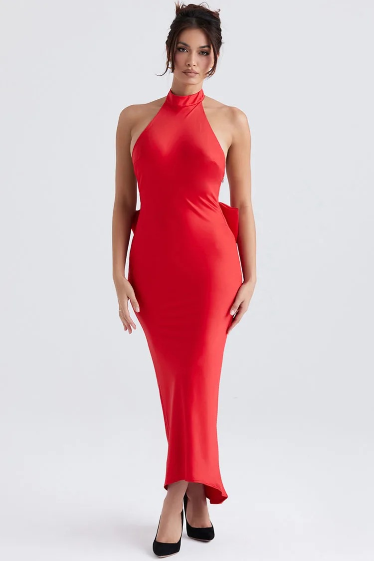 Red Butterfly Backless Dress Women Halter Neck Sleeveless Slim Dress - Image 3