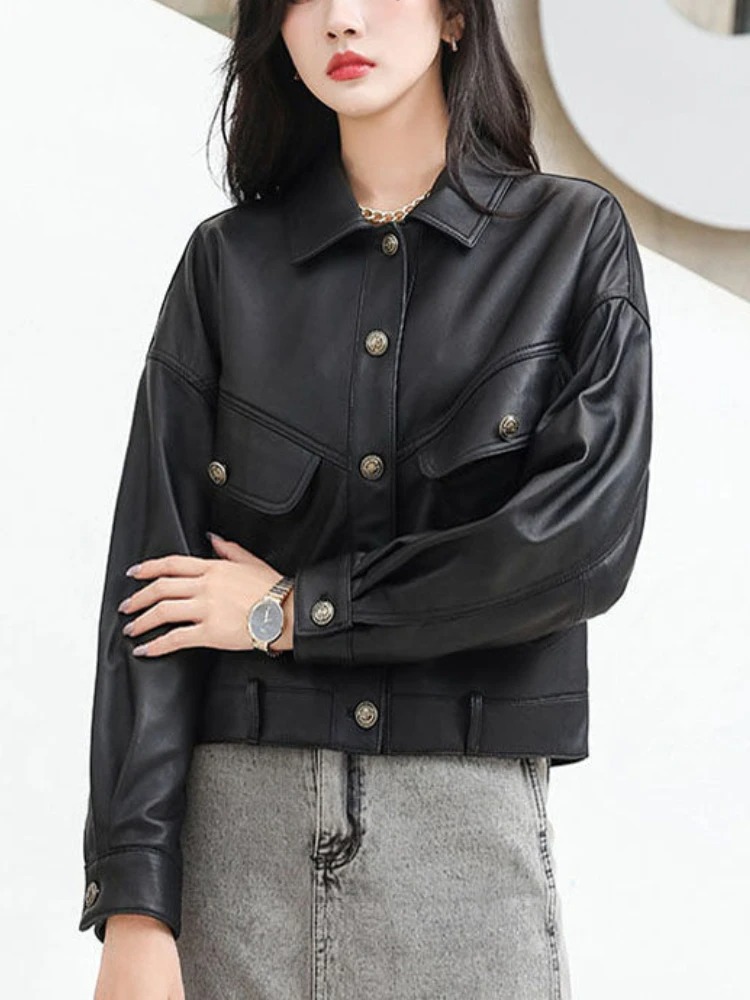 Vintage Casual PU Leather Jackets Women Turn-down Collar Cropped Loose Winter Sheepskin Coats Women 2023 Spring Thicken Outwear - Image 6