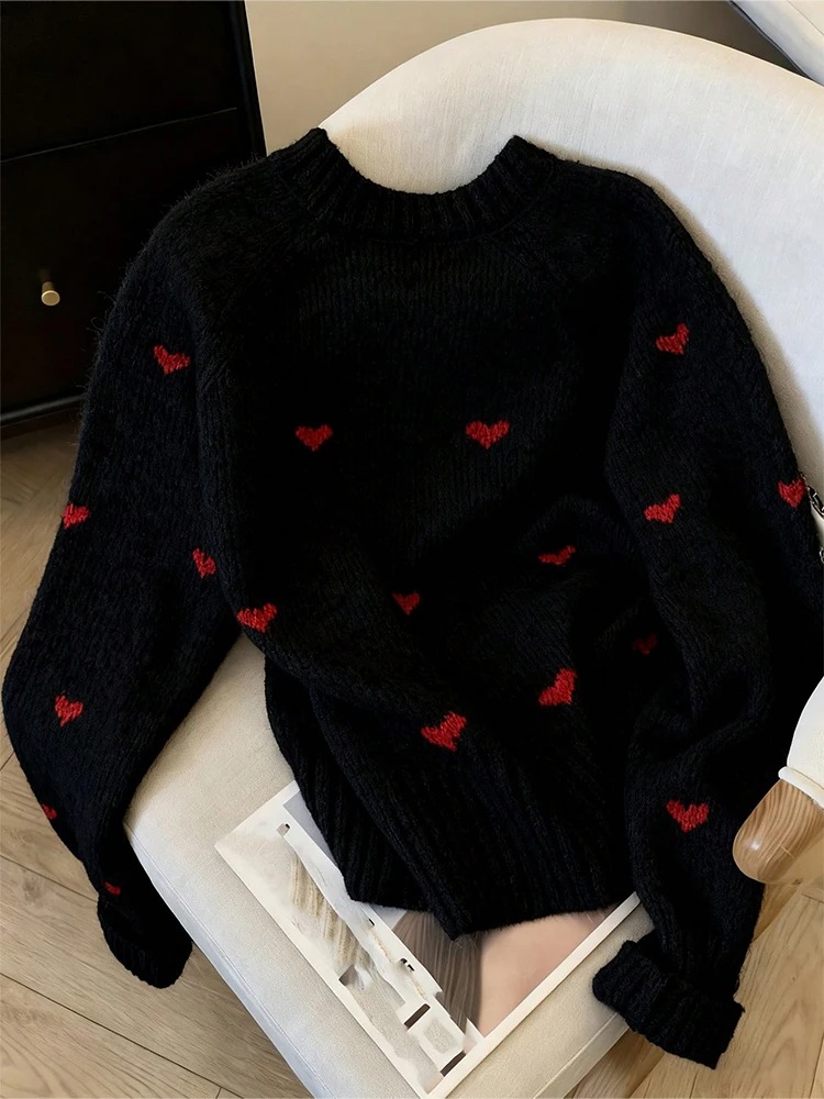 Women’s Heart Pattern Knit Sweater – Long Sleeve Round Neck Autumn Winter Pullover Top - Image 3