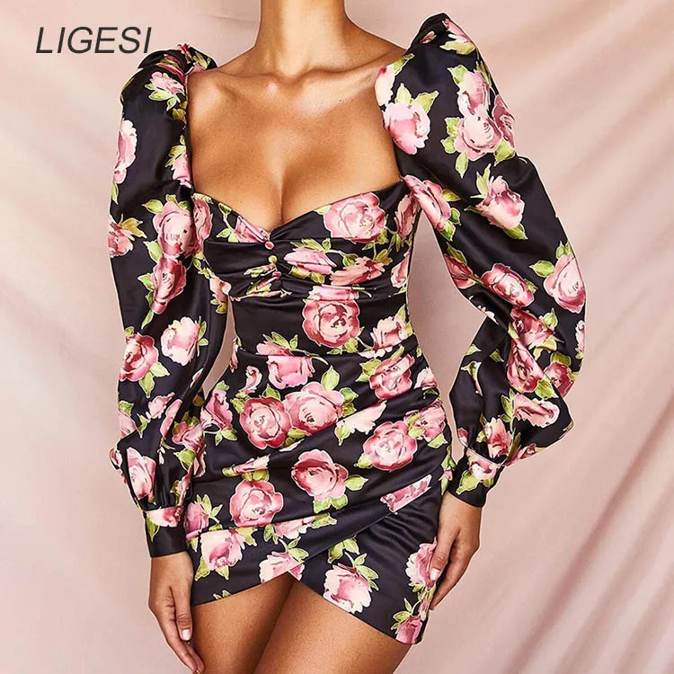 Floral Vintage Off Shoulder Bodycon Dress Puff Sleeve Party Mini - Image 2