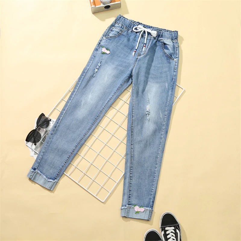 Women Spring Summer Embroidery Jeans Elastic Waist Ankle Length Denim Pants Office Casual Loose Trousers - Image 2