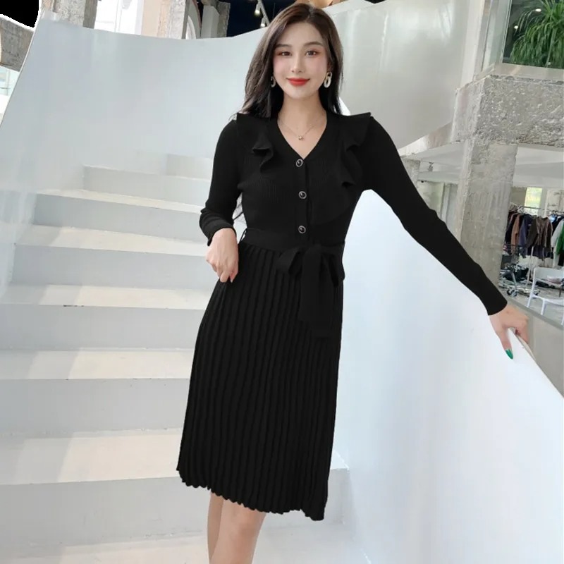 Anteef Women’s Long Sleeve Knitted Pleated Midi Dress – Vintage Elegant Sweater Dress - Image 2