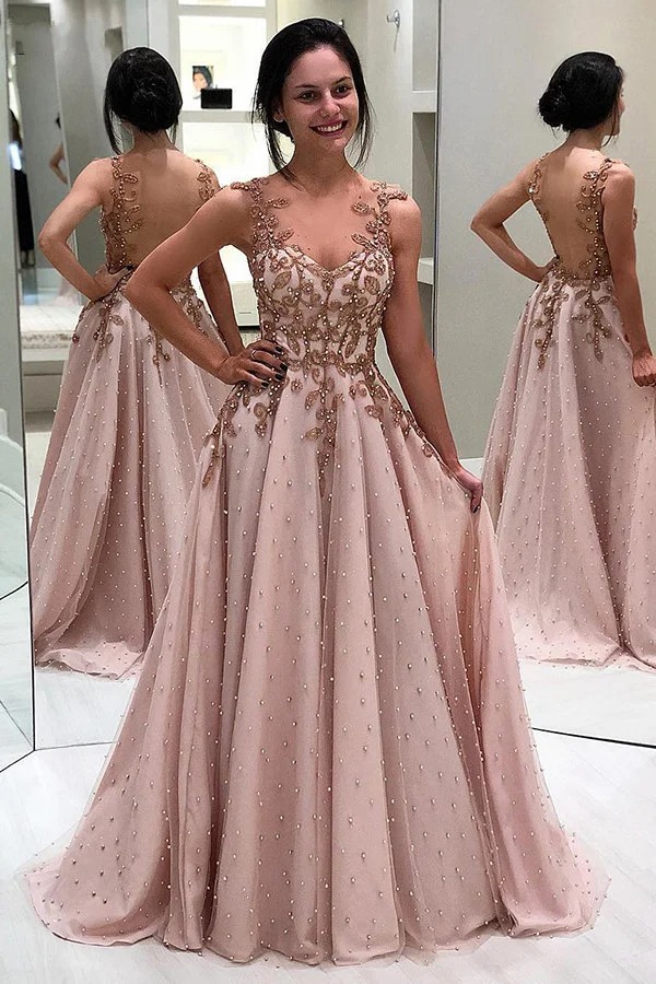 Pink A-Line Prom Dress with Pearl Appliques – Illusion Backless Chiffon Evening Gown - Image 3