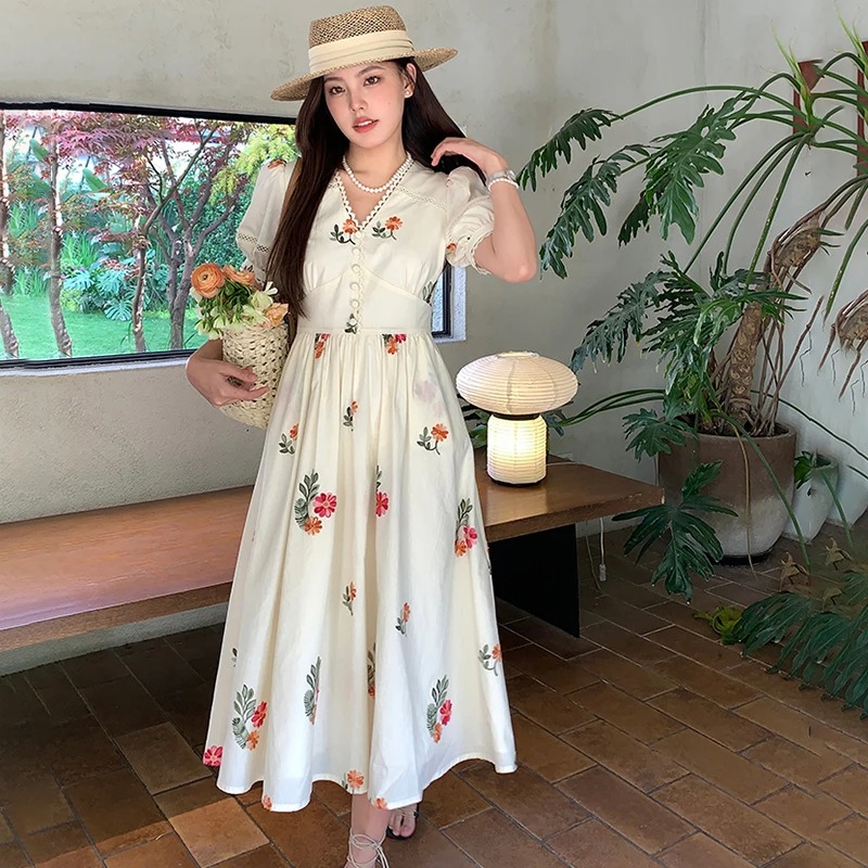 Women Summer Floral Embroidery Dress Lace Patchwork V-Neck Puff Sleeve Elegant Midi Party Dress - Image 3