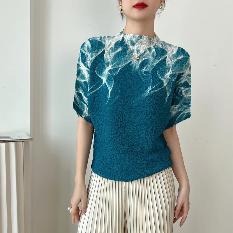 Miyake-Inspired Disorderly Pleated Printed T-Shirt – Women’s High Fashion Loose Summer Top - Image 4