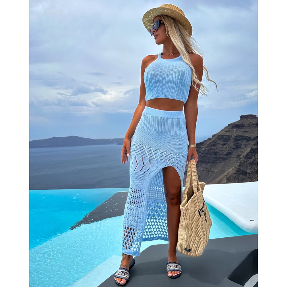 2024 Knitted Mesh Beach Cover-Up Set | Sexy See-Through Camisole Top & Long Skirt Hollow-Out Two-Piece Dress - Image 5