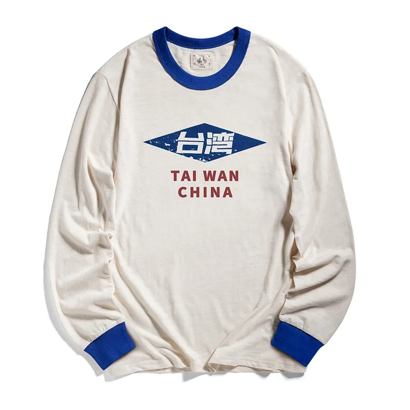 Taiwan City Letter Print Men’s Long Sleeve Patchwork T-Shirt - Image 2