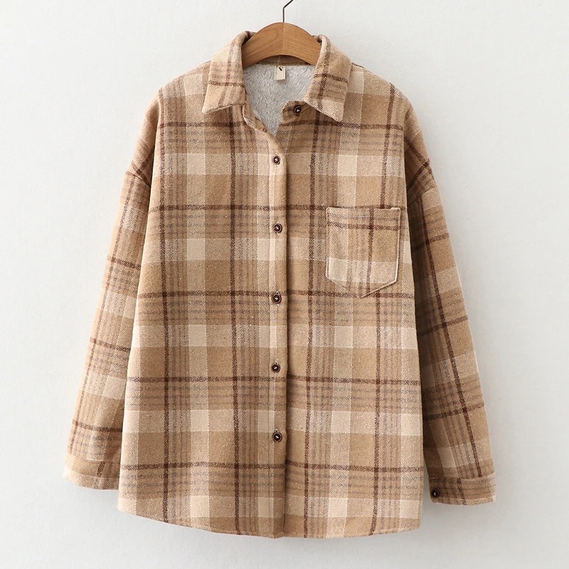 Woman Blous Shirt Women Velvet Plaid Blouses Thicken Jacket Winter Women Vintage Jacket Loose Button Up Top Autumn Warm Shirt - Image 2