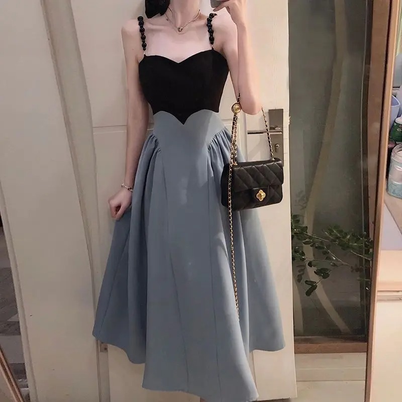 2023 Summer Women’s A-Line Dress | Beaded Strap Slim Contrast Color Mid-Calf Elegant OL Dress - Image 2