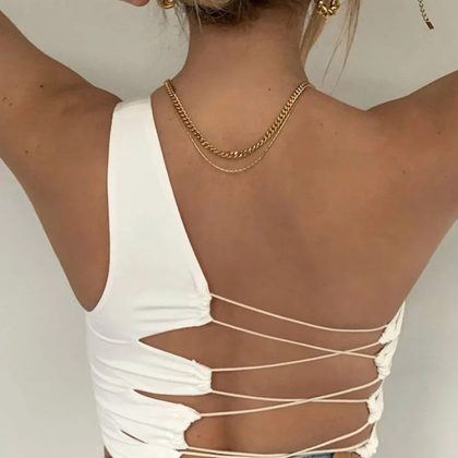 Women’s Hollow Back Crop Tank Top – Slim Fit Soft Korean Style Summer Camisole in Black & White