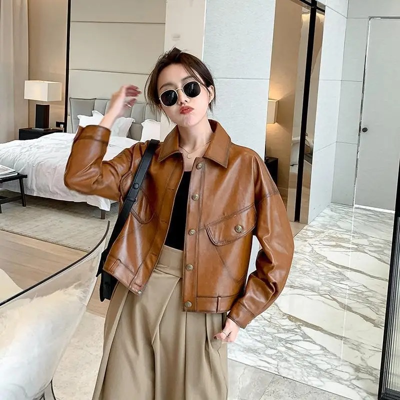 Vintage Casual PU Leather Jackets Women Turn-down Collar Cropped Loose Winter Sheepskin Coats Women 2023 Spring Thicken Outwear - Image 2
