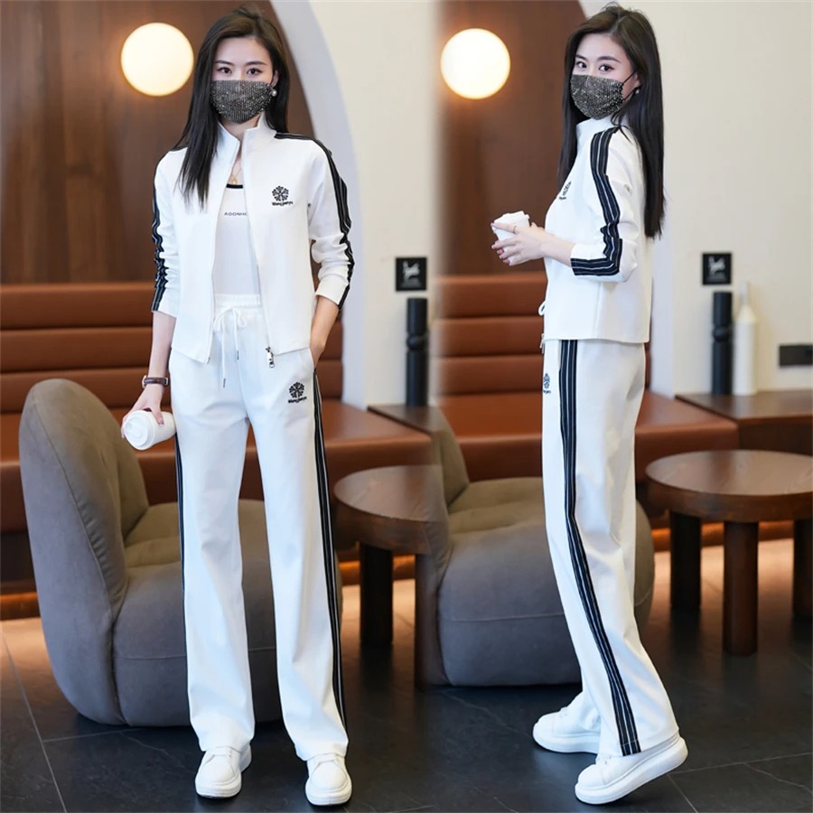 Korean Style Women Jogging Tracksuit Two Piece Wide Leg Set - Image 2