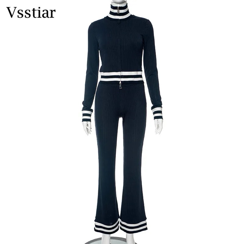 Women Knitted Two Piece Set Striped Crop Top Flare Pants Winter Outfit - Image 3