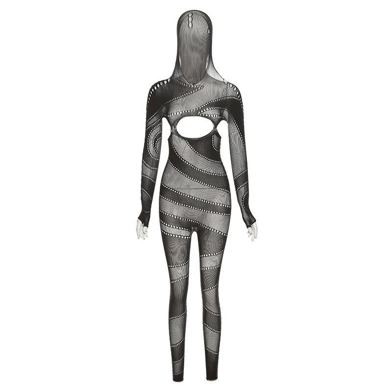 OMSJ Women’s Cut-Out Knitted Jumpsuit – See-Through Hooded Party Romper - Image 6