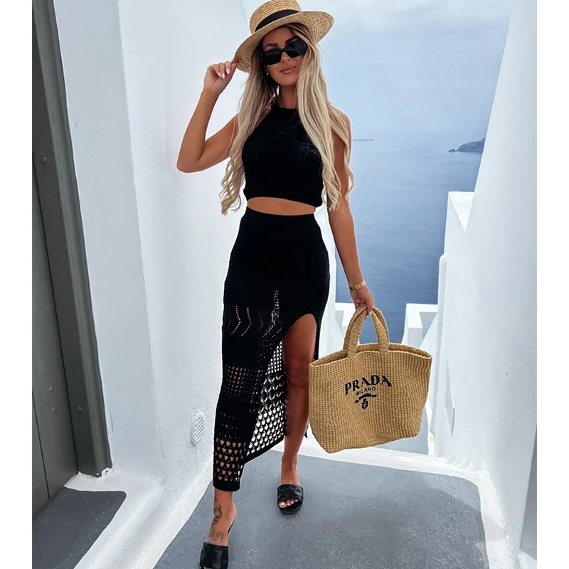 2024 Knitted Mesh Beach Cover-Up Set | Sexy See-Through Camisole Top & Long Skirt Hollow-Out Two-Piece Dress - Image 6