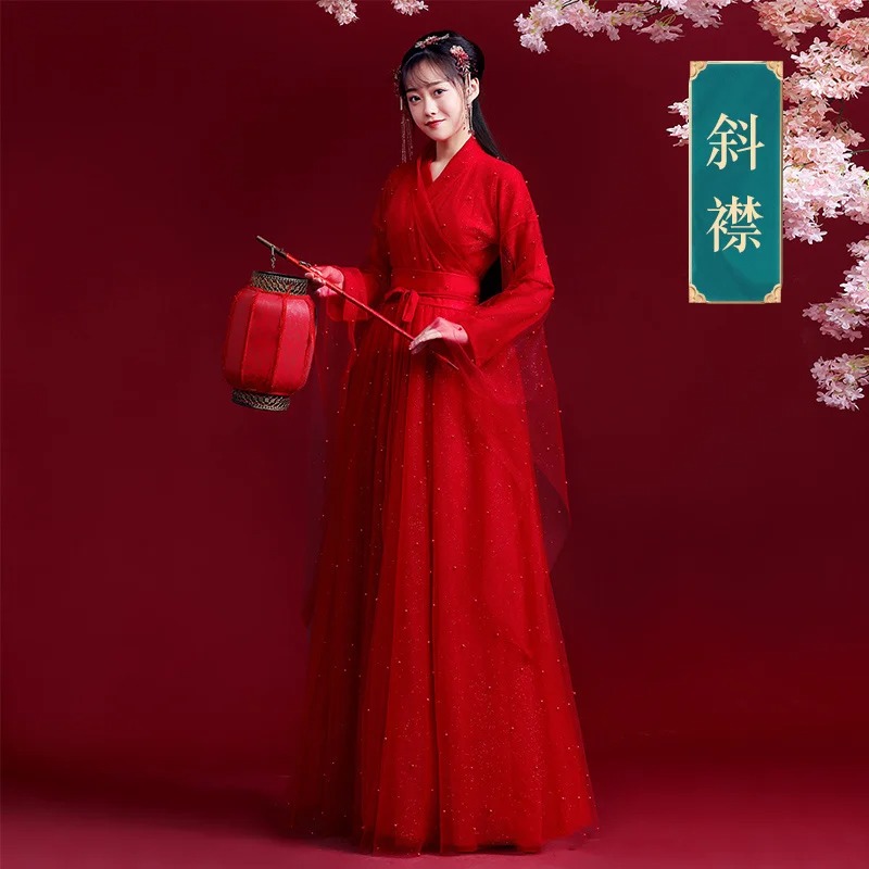 Red Sequin Hanfu Fairy Dress Two Layer Chinese Dance Gown - Image 5