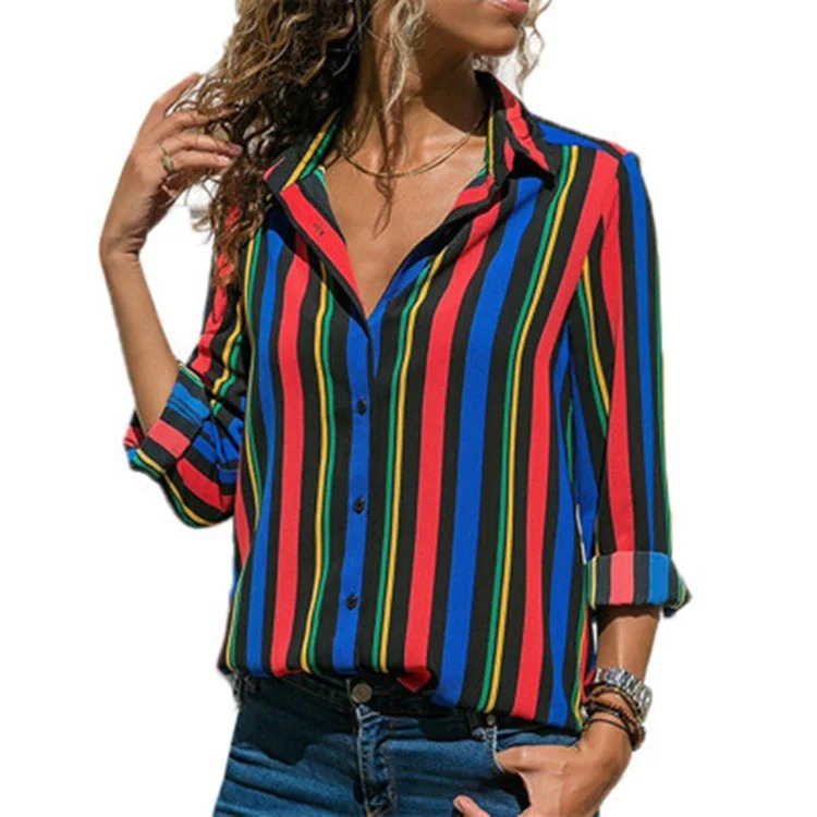 Office Lady Long Sleeve Striped Lapel Chiffon Blouse – Elegant Loose Chic Women Tunic - Image 3